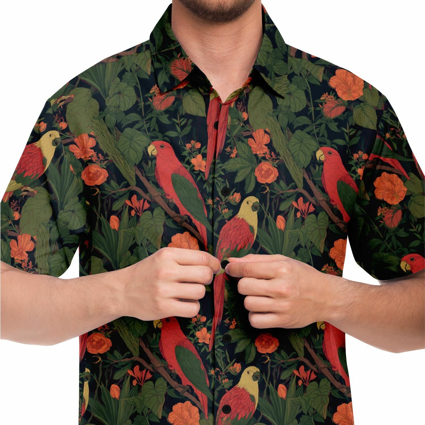 Parrot Men Button Up Shirt, Tropical Bird Plants Green Short Sleeve Print Casual Buttoned Down Summer Male Guys Collared Designer Dress