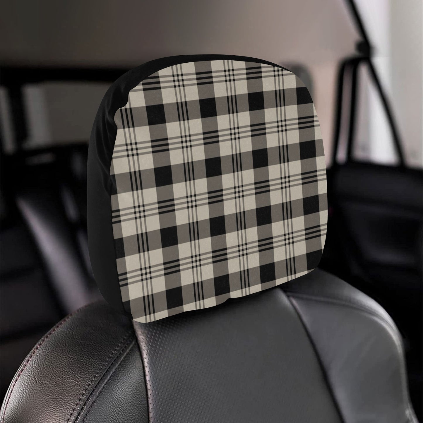 Grey Black Plaid Car Seat Headrest Covers (2pcs), Check Tartan Print Truck Suv Van Vehicle Chair Auto Decoration Protector Automobile