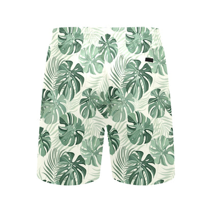 Monstera Leaf Men Swim Trunks, Green Tropical Mid Length Shorts Beach Surf Swimwear Male Back Pockets Mesh Lining Drawstring Bathing Suit
