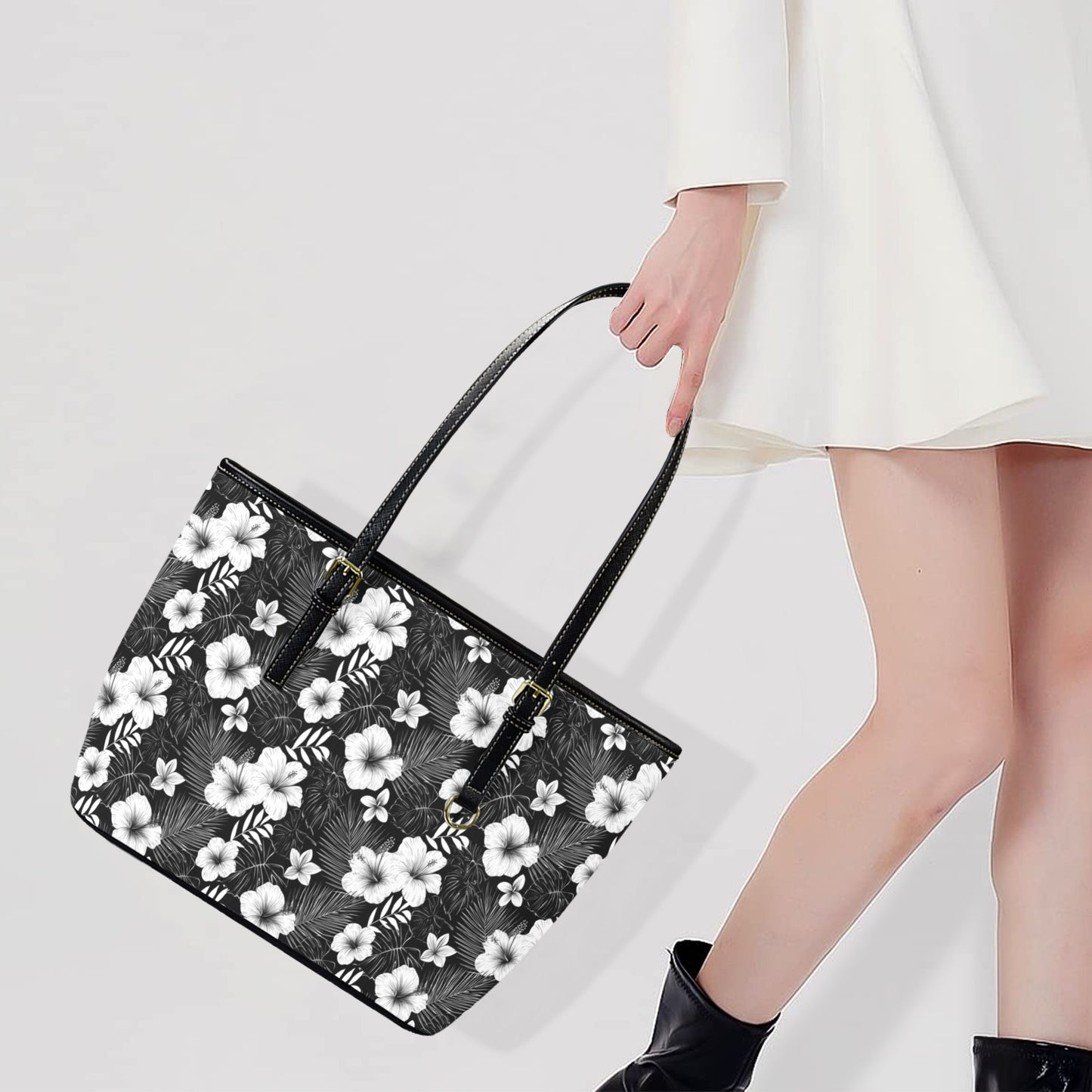 Black White Floral Tote Bag Purse, Hibiscus Flowers Art Women Vegan Leather Handbag Zip on Top Designer Handmade Shoulder Ladies Bag