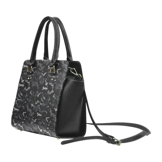 Black Camo Shoulder Purse Handbag, Grey Gray Camouflage Print Vegan Leather Designer Women Ladies Gift Satchel Top Handle Zip Bag Strap