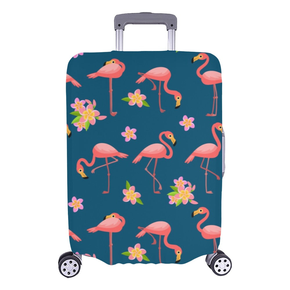 Flamingo Luggage Cover, Flowers Pink Tropical Blue Aesthetic Print