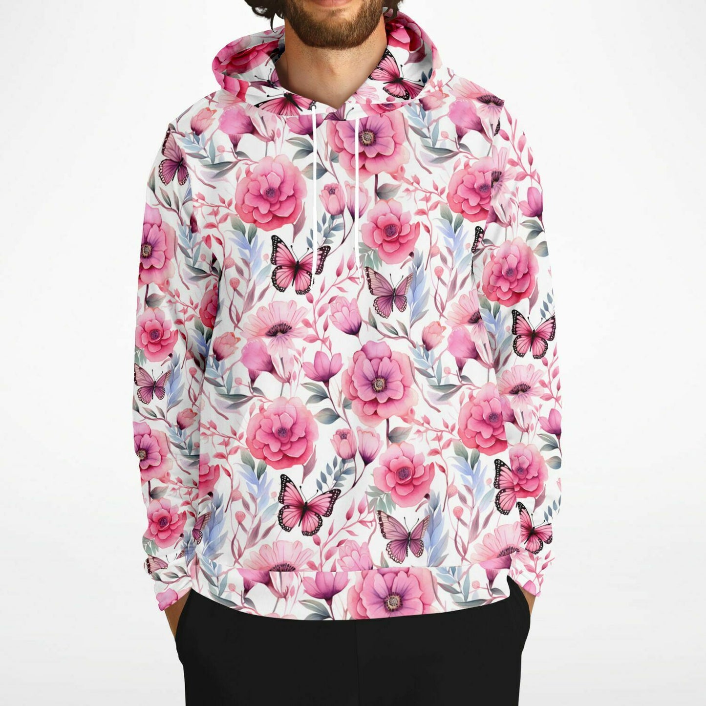 Pink Floral Butterfly Hoodie, Monarch Flowers Watercolor Pullover Men Women Adult Aesthetic Graphic Cotton Hooded Sweatshirt with Pockets