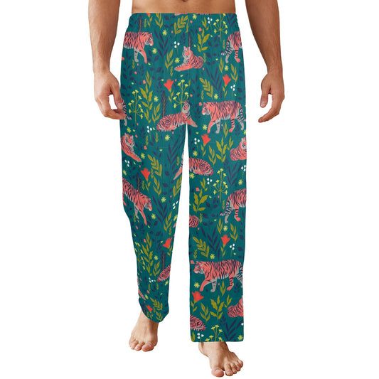 Tropical Tiger Men Pajamas Pants, Animal Print Vacation Pattern Satin PJ Pockets Sleep Trousers Couples Matching Trousers Bottoms Sleepwear