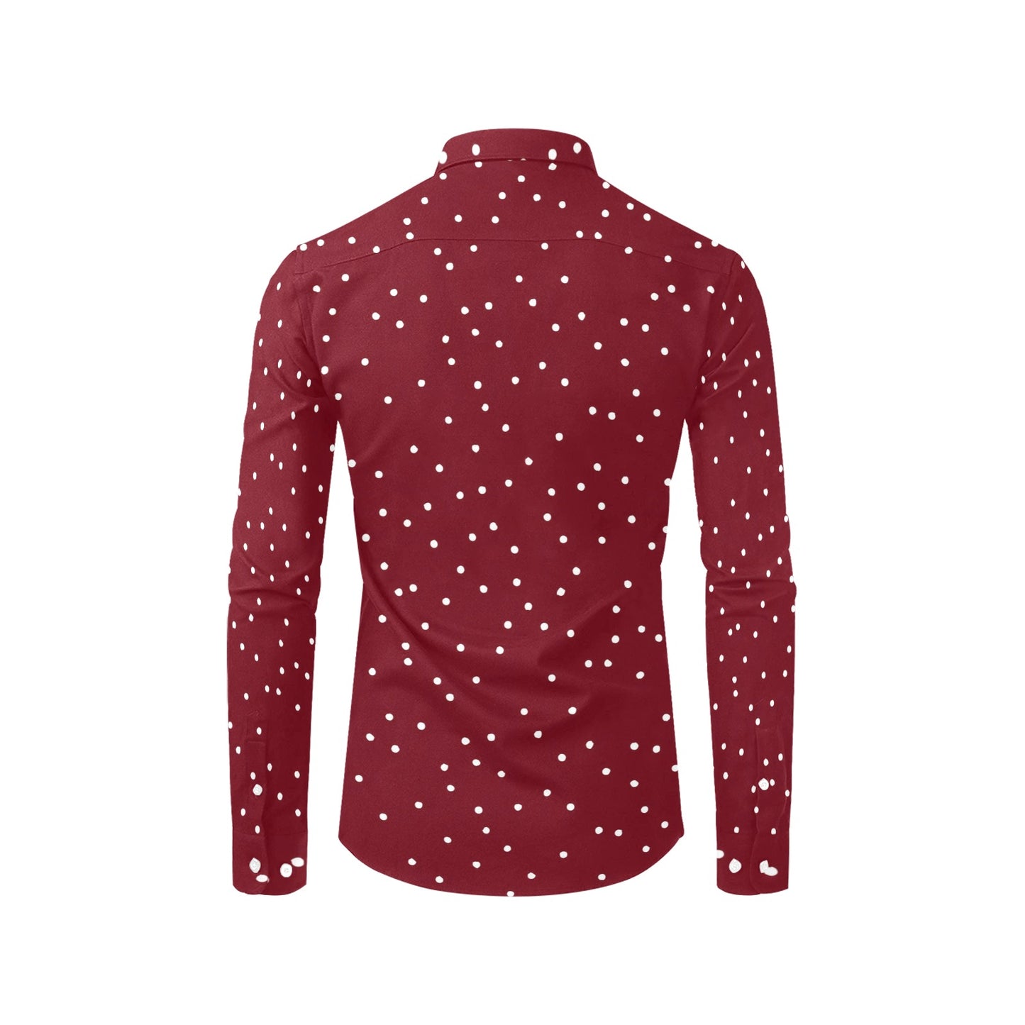 Red Long Sleeve Men Button Up Shirt, Festive White Dots Print Casual Buttoned Collared Designer Dress Shirt with Chest Pocket Guys Male
