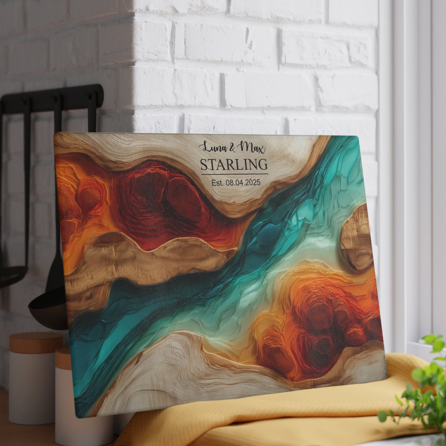 Personalized Glass Cutting Board, Custom Wood Epoxy Charcuterie Chopping Tempered Small Large Realtor Kitchen Decorative Closing Wedding