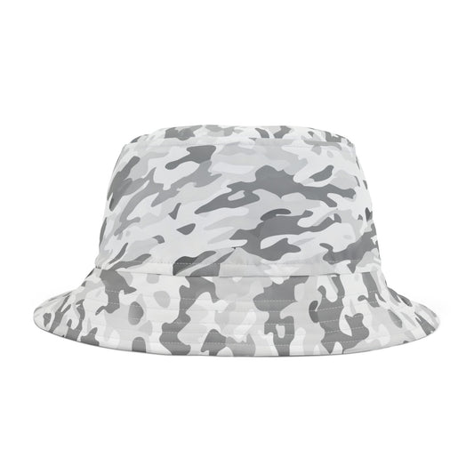 White Camo Bucket Cap Hat, Grey Camouflage Cool Women Men Golf Retro Vintage Summer Festival Cute Designer Sun Shade Ladies