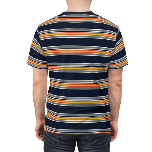 Navy Blue Stripe Tshirt, Orange Horizontal Striped Retro Designer Graphic Lightweight Heavyweight Crewneck Men Women Tee Short Sleeve Shirt