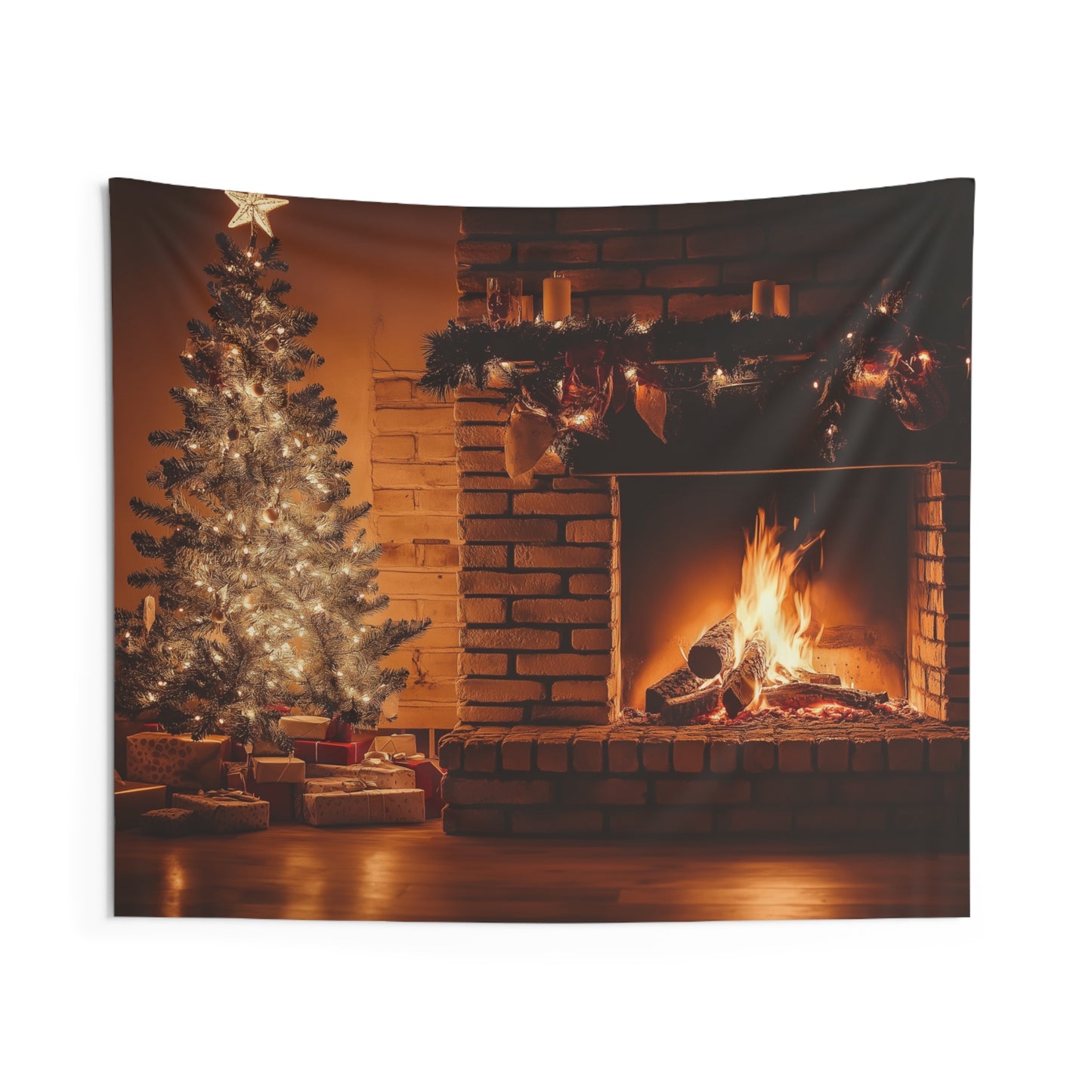 Christmas Tree Fire Place Tapestry, Xmas Holiday Wall Art Hanging Cool Unique Landscape Large Small Decor Bedroom College Dorm Room