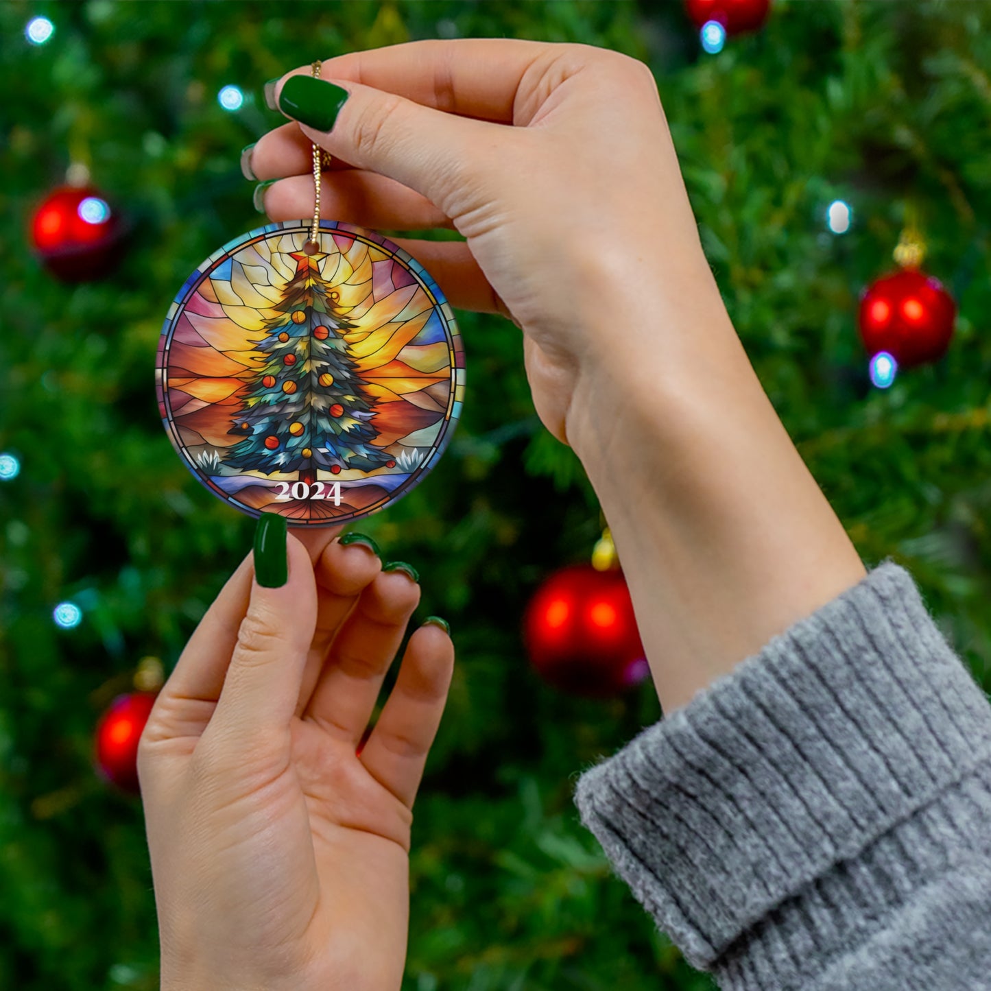 Christmas Tree 2024 Ornament, Printed Vintage Retro Stained Glass Decoration Holiday Gift Idea Heirloom Keepsake Round Ceramic Xmas