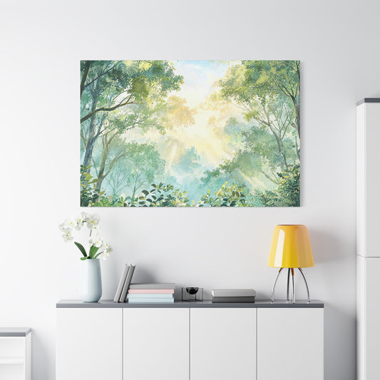 Tree Canopy Sky Canvas Gallery Wrap, Sunlit Calm Nature Watercolor Wall Art Print Decor Small Large Hanging Modern Landscape Living Room