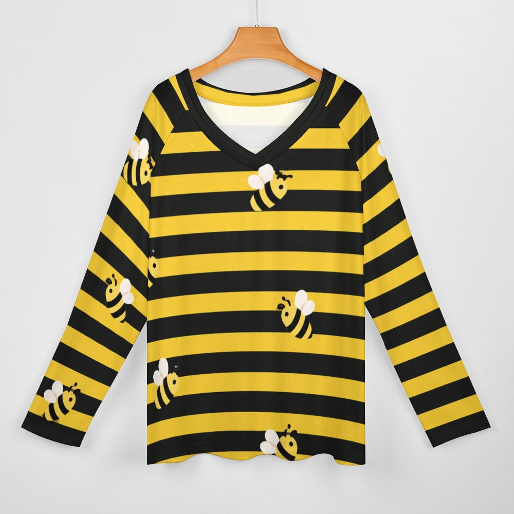 Bee Black Yellow Striped Women Long Sleeve Tshirt loose fit, Bumble Relaxed V-neck Designer Graphic Aesthetic Ladies Female Tee Top Shirt