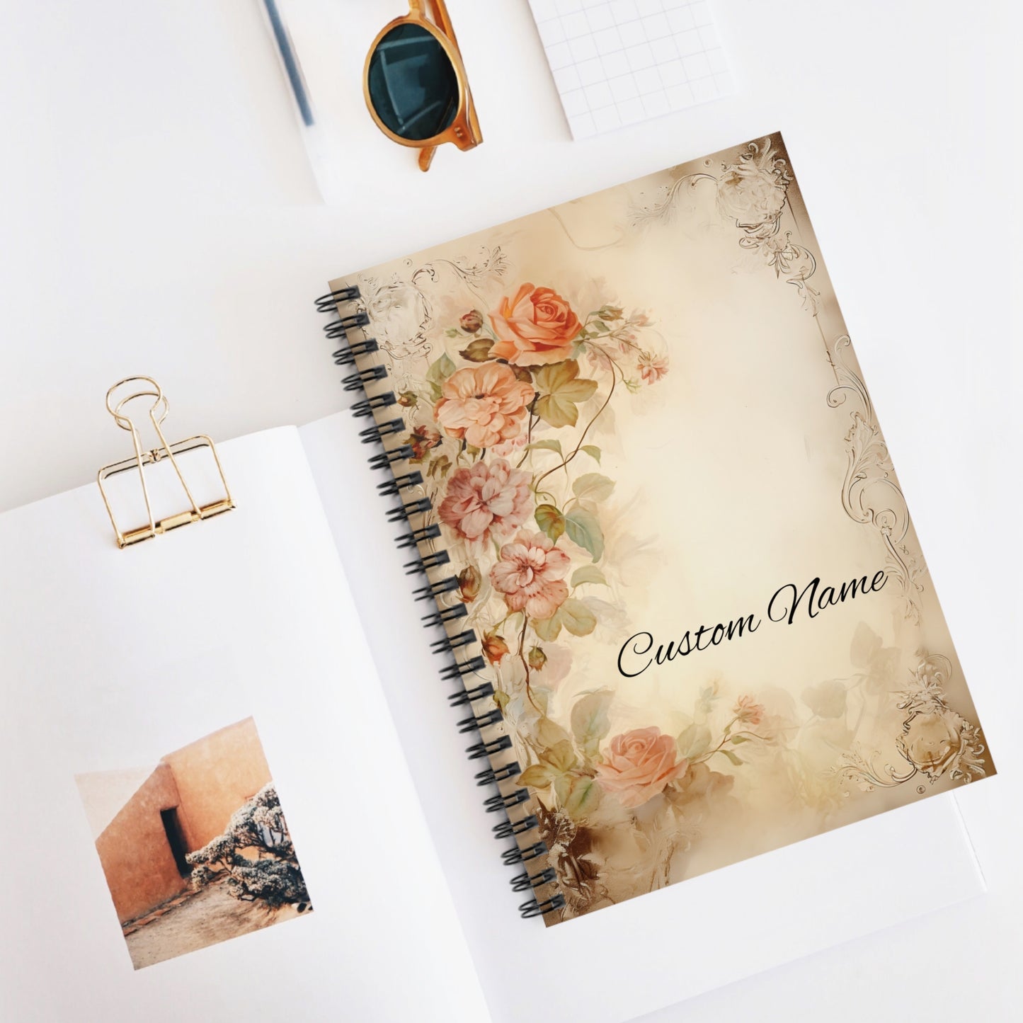 Custom Roses Spiral Bound Notebook, Personalized Vintage Name Travel Floral Retro Small Journal Notepad Ruled Line Book Paper Aesthetic