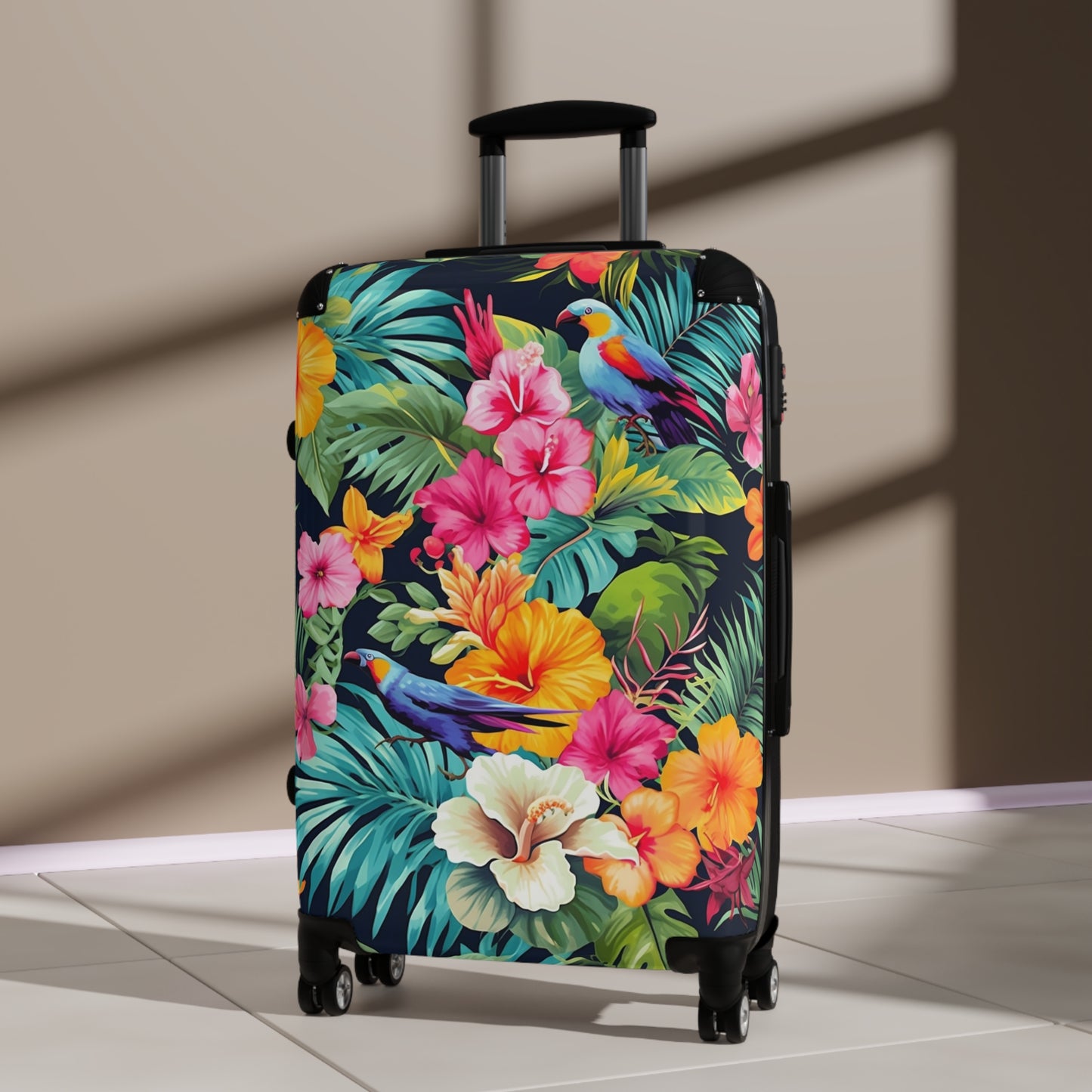 Tropical Flowers Suitcase Luggage, Pink Birds Parrot Carry On 4 Wheels Cabin Travel Small Large Set Rolling Spinner Designer Hard Shell Case - Starcove Fashion