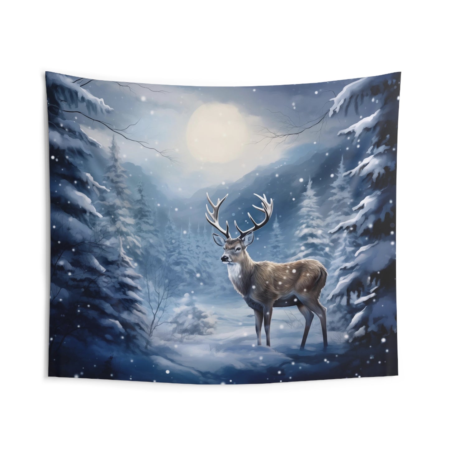 Deer Snowy Winter Scene Tapestry, Pine Trees Night Sky Stag Wall Art Landscape Hanging Cool Unique Aesthetic Large Small Bedroom College