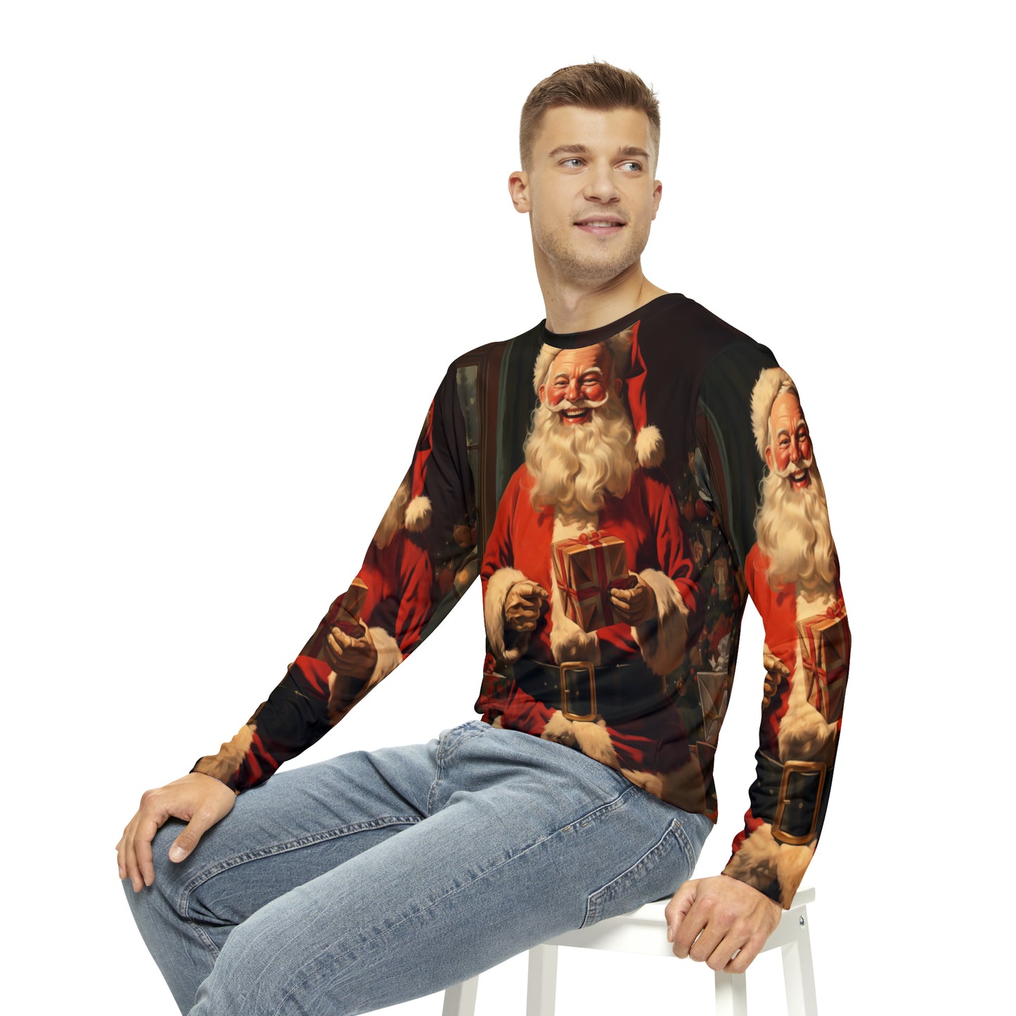 Men's Christmas Long Sleeve T Shirts, Santa Claus Ugly Xmas Silly Unisex Guys Women Vintage Graphic Printed Crew Neck Tee