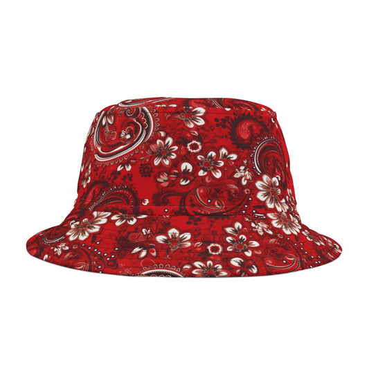 Red Paisley Bucket Cap Hat, Bandana Beach Cool Women Men Golf Retro Vintage Summer Festival Cute Designer Sun Shade Ladies Guys