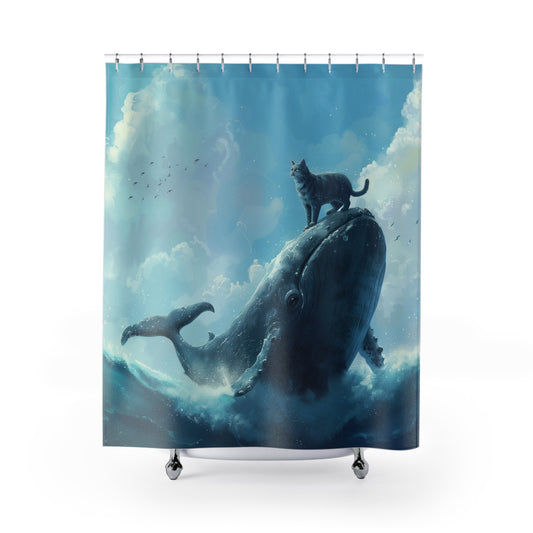 Cat Riding Whale Shower Curtain, Ocean Sea Coastal Fabric Unique Bath Bathroom Decor Cool Unique Housewarming Gift 71" x 74"