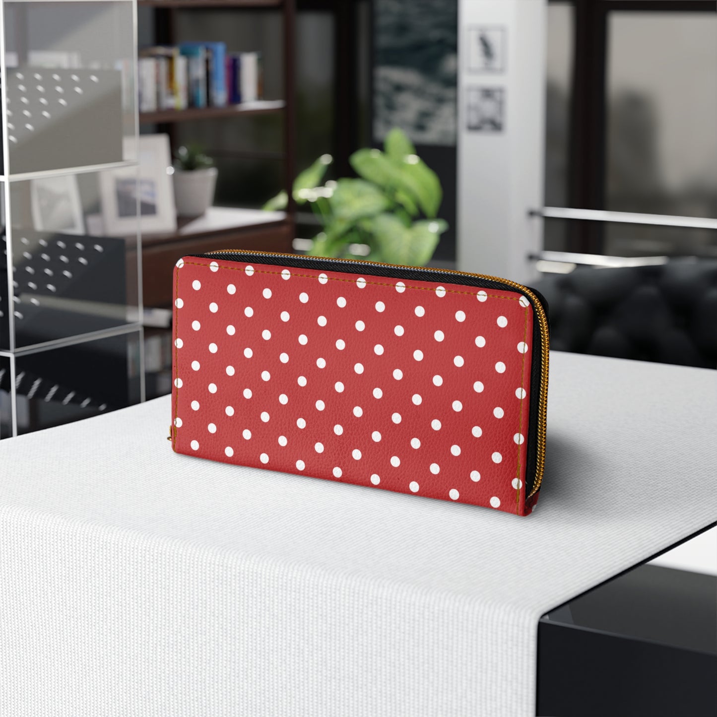 Red Polka Dots Leather Wallet Women, Vegan Zipper Zip Around Coins Credit Cards Pocket Cash Ladies Pouch Slim Clutch Purse Gift
