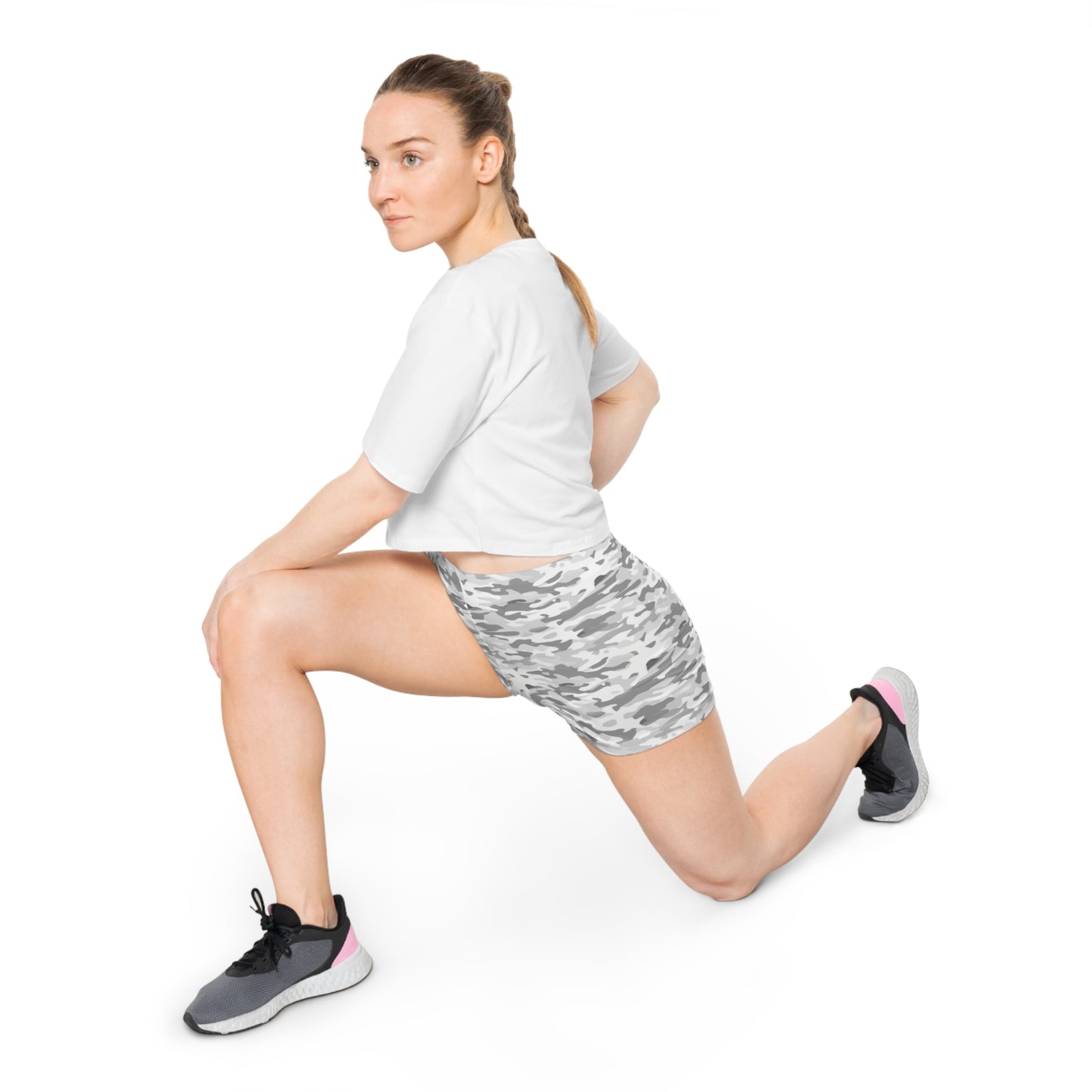 White Camo Women Shorts, Camouflage Yoga Biker Sport Workout Gym Festival Running Moisture Wicking Ladies Spandex Bottoms Activewear