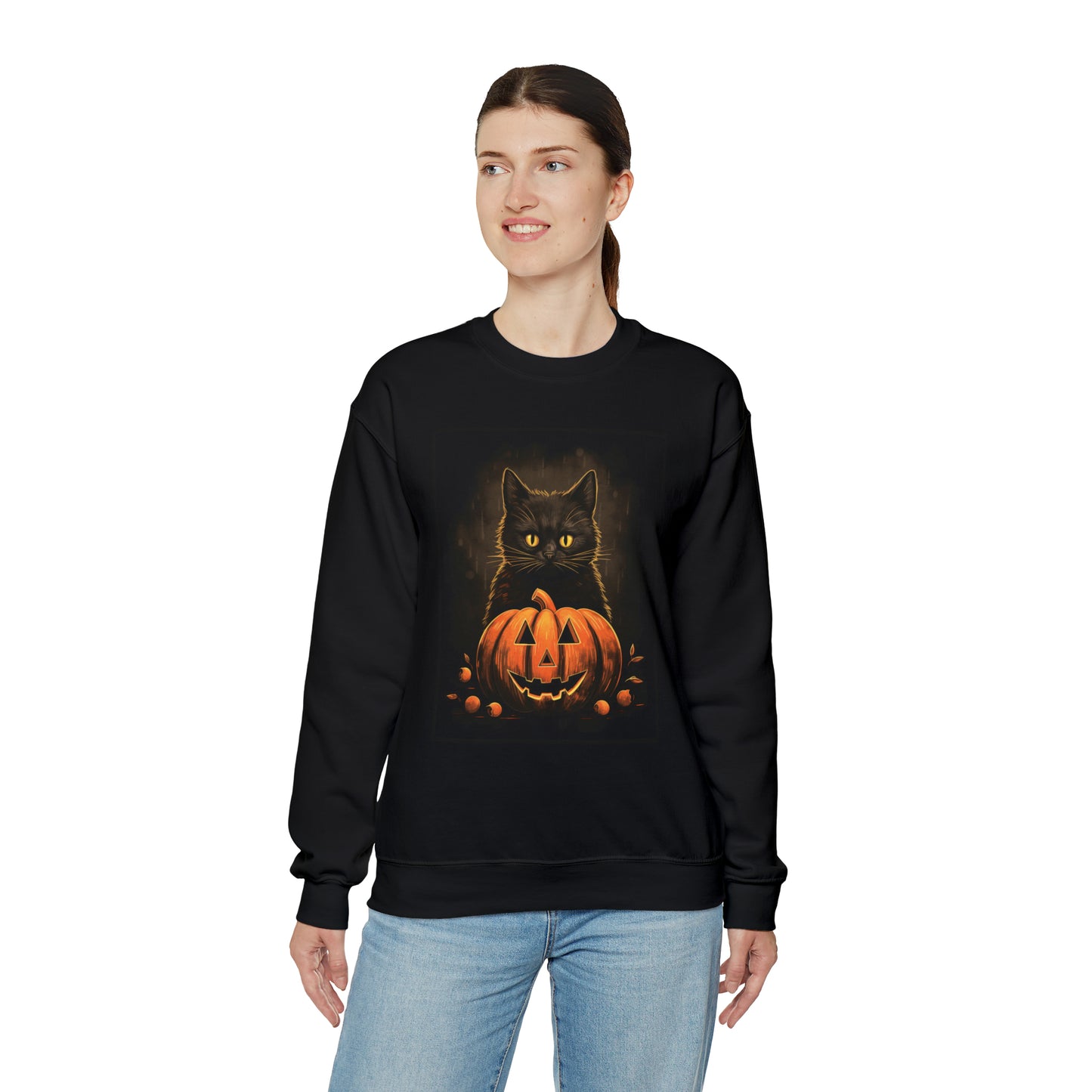 Pumpkin Black Cat Sweatshirt, Halloween Graphic Crewneck Fleece Cotton Sweater Jumper Pullover Men Women Adult Aesthetic Top Starcove Fashion
