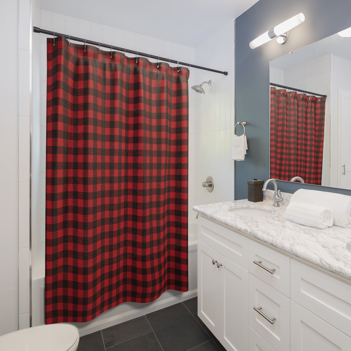 Buffalo Plaid Shower Curtain, Red Black Check Fabric Unique Bath Bathroom Decor Cool Unique Housewarming Home Gift 71" x 74"