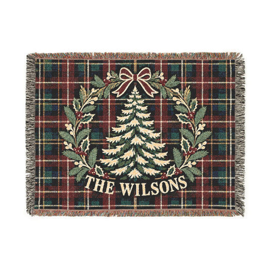 Custom Christmas Woven Throw Blanket Tapestry, Personalized Family Name Holiday Cotton Fringe Adult Kids Small Large Bed 50x60 Wall Hanging