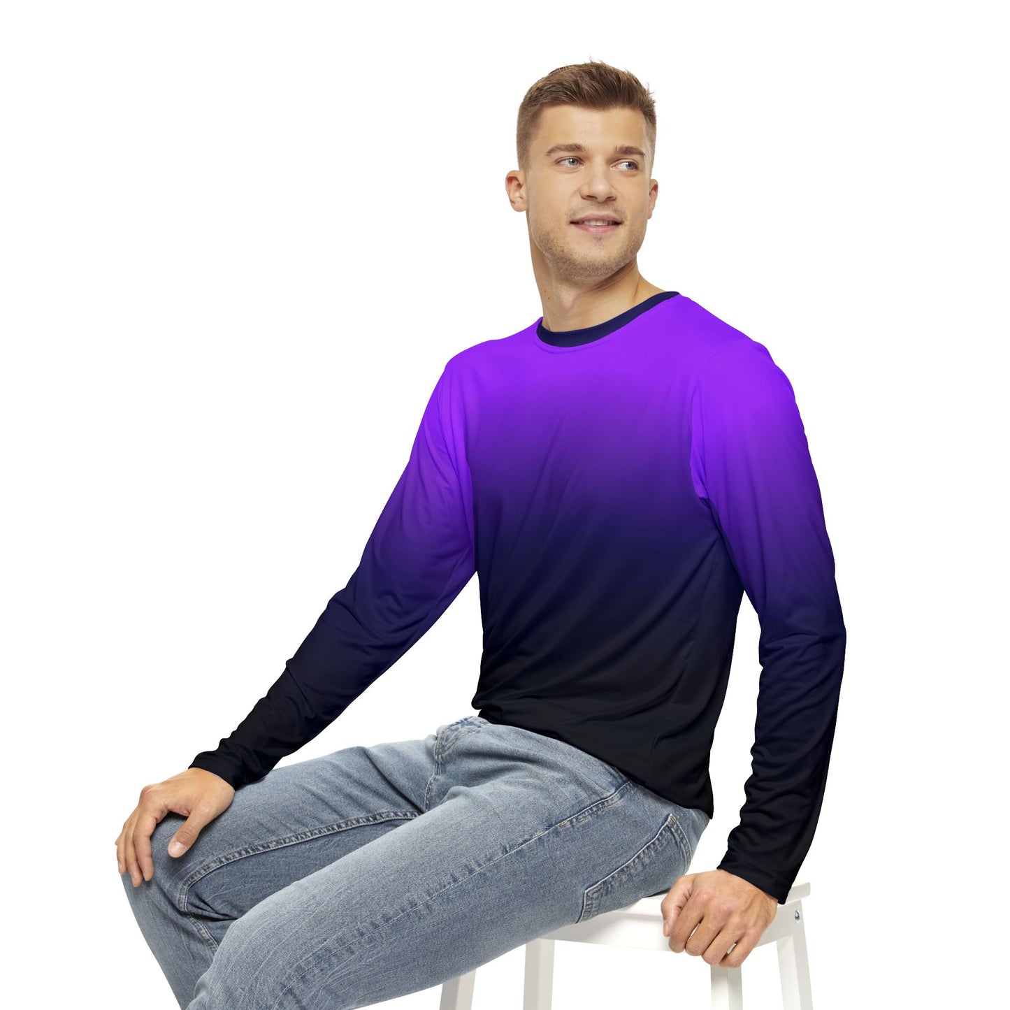 Black Blue Purple Ombre Men Long Sleeve Tshirt, Gradient Tie Dye Unisex Guys Women Designer Graphic Aesthetic Print Crew Neck Tee Shirt Top