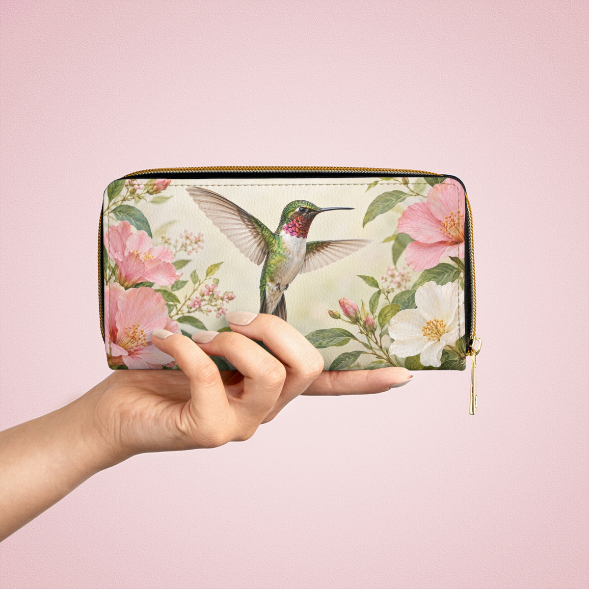 Hummingbird Leather Wallet Women, Floral Flowers Bird Vegan Zipper Zip Around Coins Credit Cards Pocket Cash Ladies Female Pouch Slim Purse