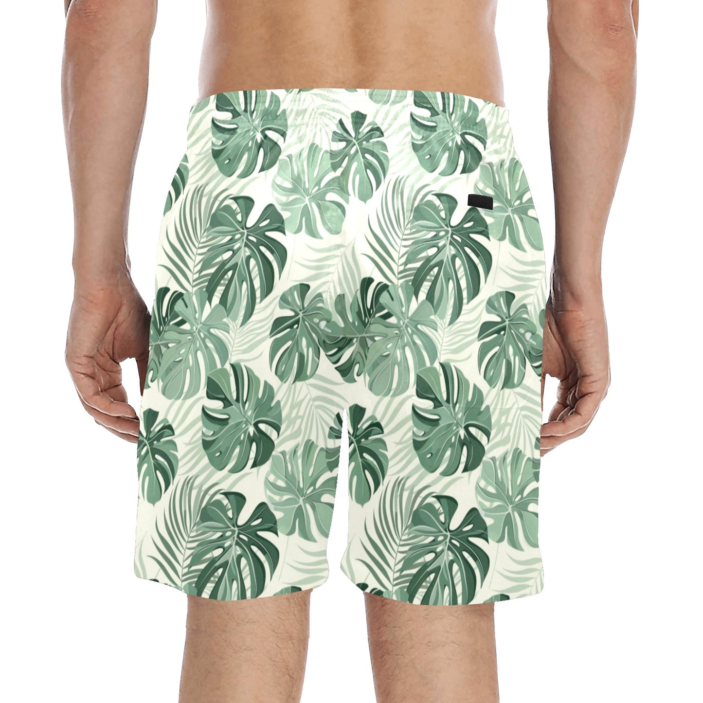 Monstera Leaf Men Swim Trunks, Green Tropical Mid Length Shorts Beach Surf Swimwear Male Back Pockets Mesh Lining Drawstring Bathing Suit