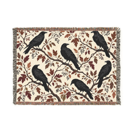 Black Raven Floral Woven Throw Blanket Tapestry, Halloween Autumn Fall Boho Gothic Crow Cotton Fringe Adult Kids Small Large Bed 50x60 Wall