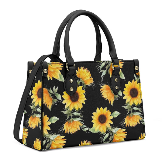 Sunflower Tote Bag Purse, Yellow Flowers Black Vegan Leather Print Handbag Women Zip Top Small Large Designer Handmade Shoulder Starcove Fashion