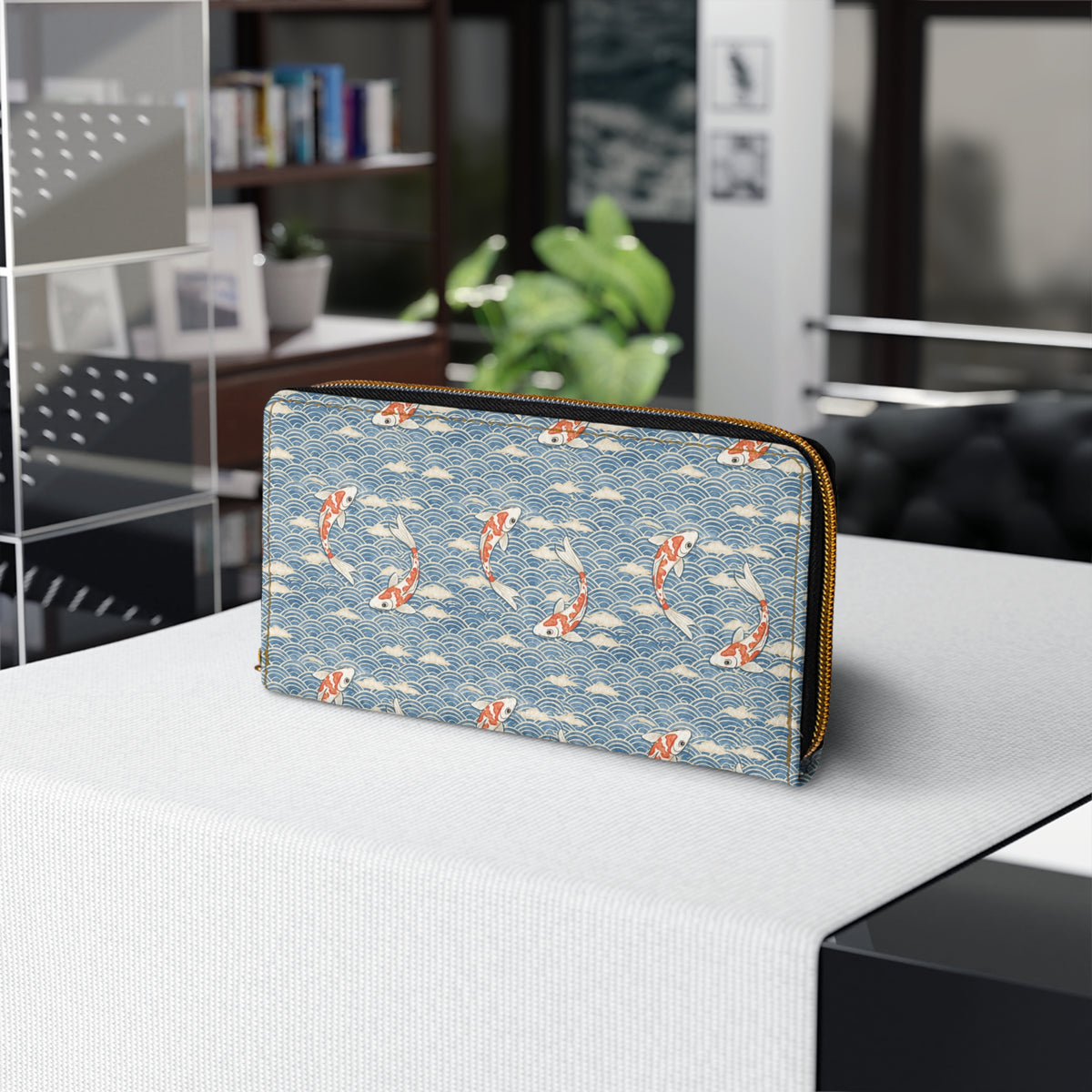 Koi Fish Leather Wallet Women, Ocean Japanese Wave Vegan Zipper Zip Around Coins Credit Cards Pocket Cash Ladies Female Pouch Slim Purse