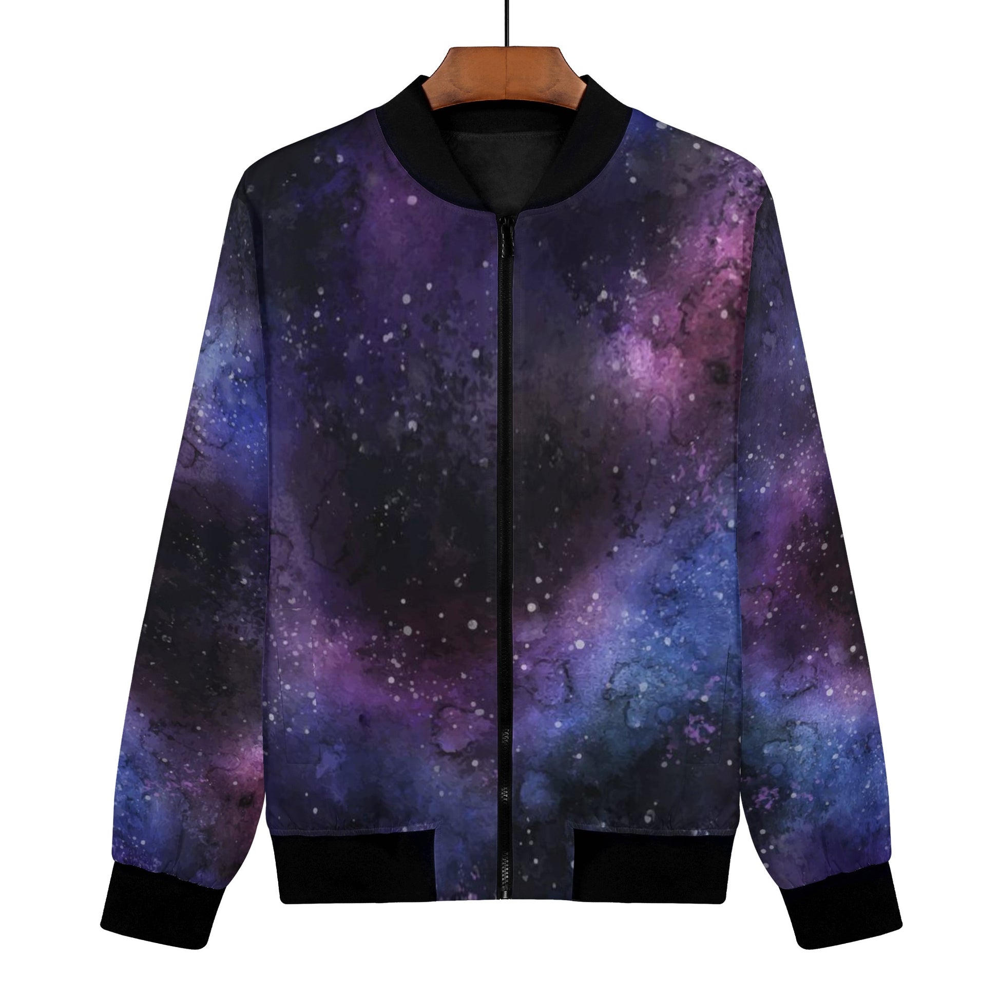 Galaxy Space Women Bomber Jacket, Purple Universe  Zip Up Streetwear Winter Vintage Varsity Warm Designer Coat Outfit Plus Size Starcove Fashion