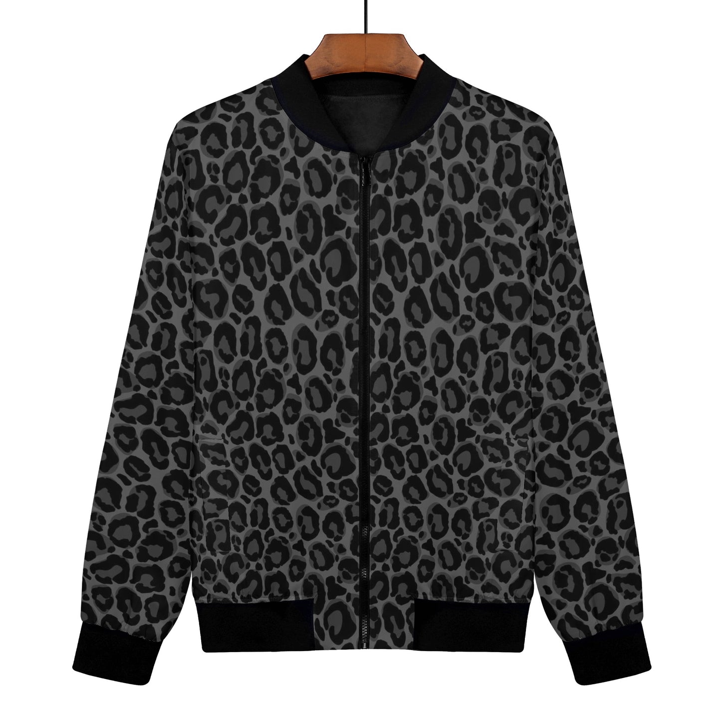 Black Grey Leopard Women Bomber Jacket, Animal Cheetah Print Zip Up Winter Vintage Varsity Warm Designer Coat Outfit Plus Size Ladies