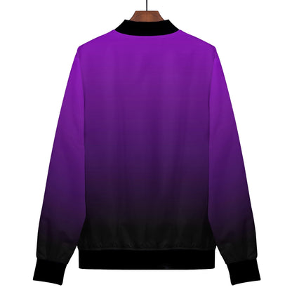 Purple Ombre Women Bomber Jacket, Black Tie Dye Gradient Zip Up Streetwear Winter Vintage Varsity Warm Designer Coat Outfit Plus Size Ladies