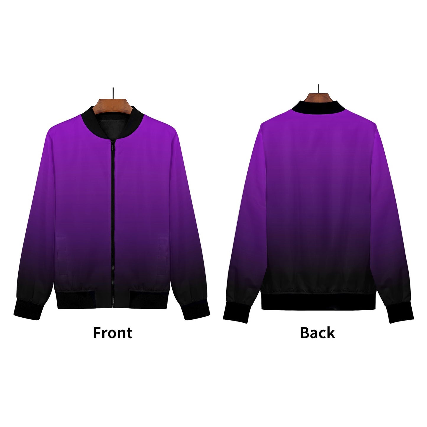 Purple Ombre Women Bomber Jacket, Black Tie Dye Gradient Zip Up Streetwear Winter Vintage Varsity Warm Designer Coat Outfit Plus Size Ladies