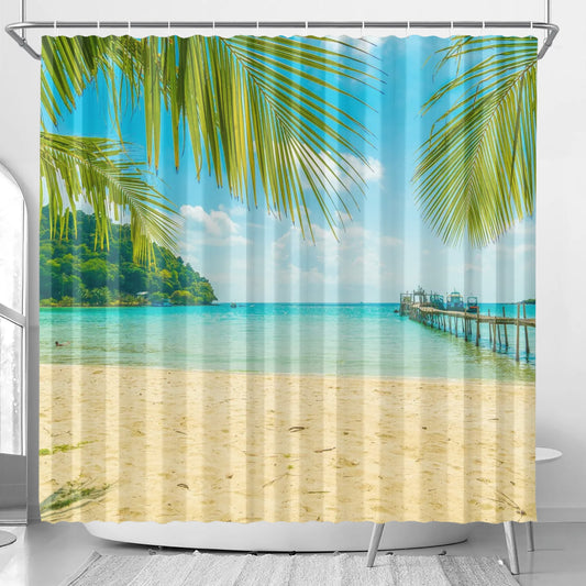 Beach Shower Curtain with Hooks Rings, Summer Sea Ocean Coastal Tropical Leaf Fabric Unique Bath Bathroom Decor Cool Unique Cloth