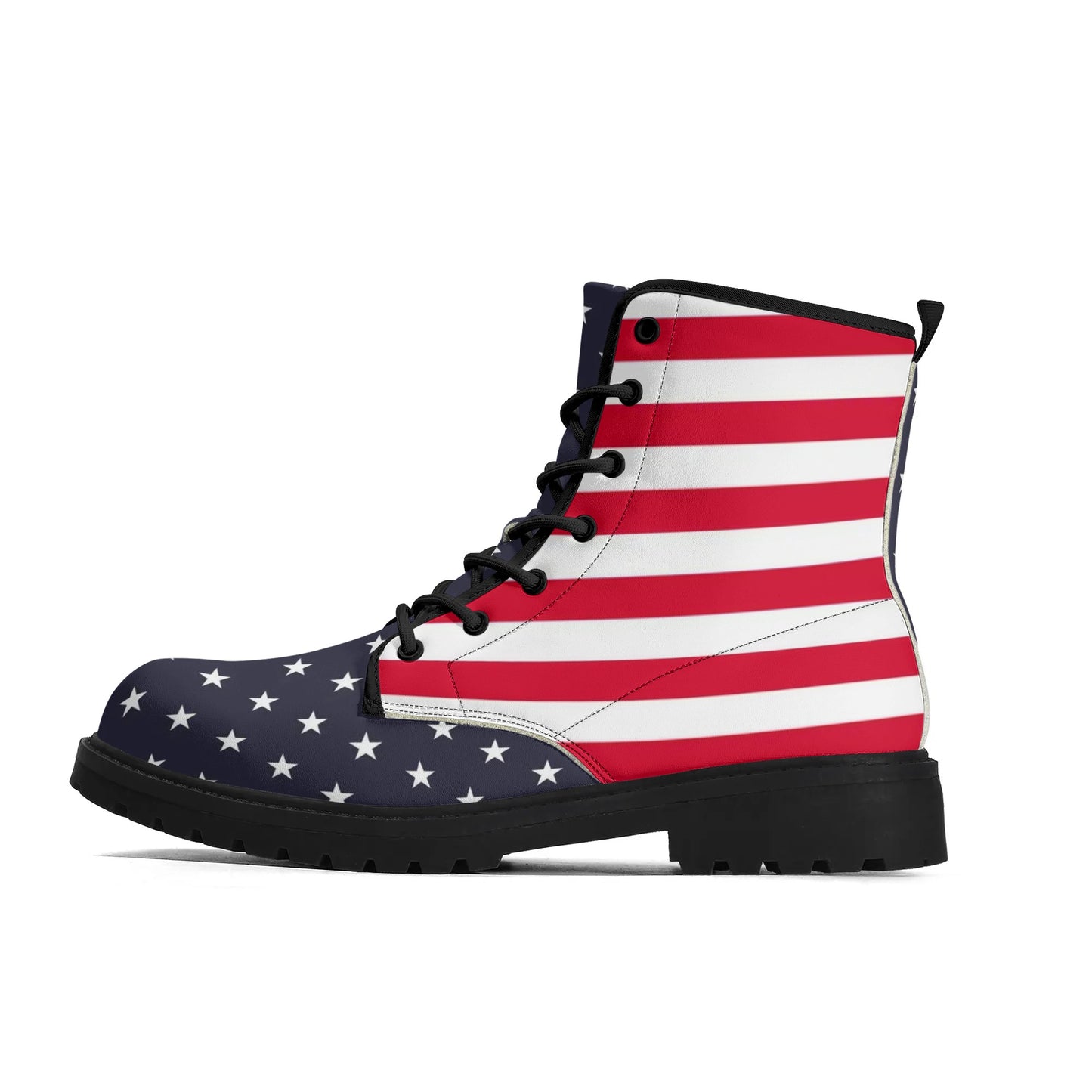 American Flag Men Leather Boots, Stars Stripes USA Red White Blue Patriotic America Lace Up Shoes Festival Black Ankle Combat Work Hiking
