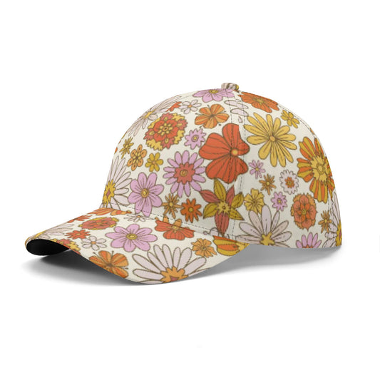 Retro Floral Baseball Hat Cap, Vintage Flowers Groovy 70s Pink Orange Ball Dad Mom Trucker Men Women Male Ladies Aesthetic Designer Hat