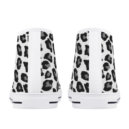 Snow Leopard Women High Top Shoes, Animal Print Lace Up Sneakers Footwear Canvas Streetwear Ladies Girls White Black Trainers Designer Gift