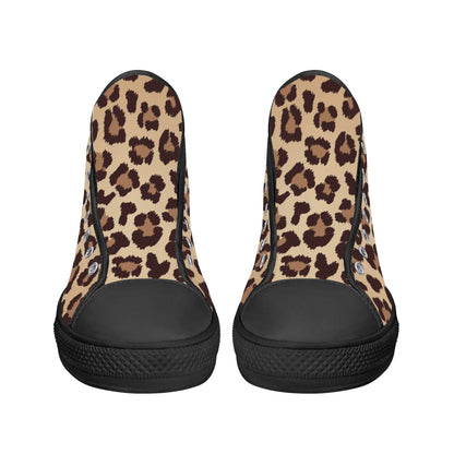 Leopard Women High Top Shoes, Animal Cheetah Print Lace Up Sneakers Footwear Canvas Streetwear Ladies Girls White Black Trainers Designer