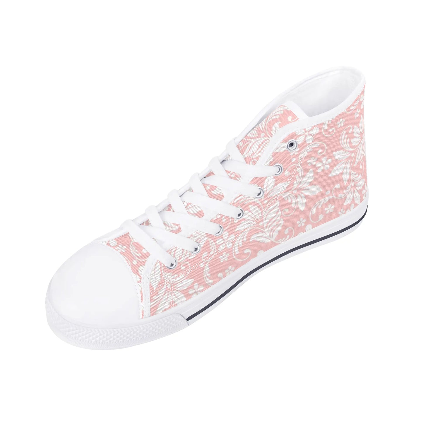 Pink Floral Women High Top Shoes, Flowers Lace Up Sneakers Footwear Canvas Streetwear Ladies Girls White Trainers Designer Gift