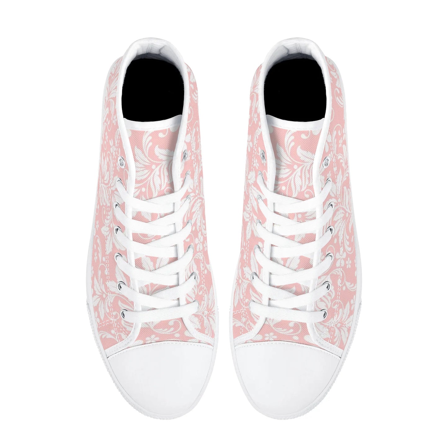 Pink Floral Women High Top Shoes, Flowers Lace Up Sneakers Footwear Canvas Streetwear Ladies Girls White Trainers Designer Gift