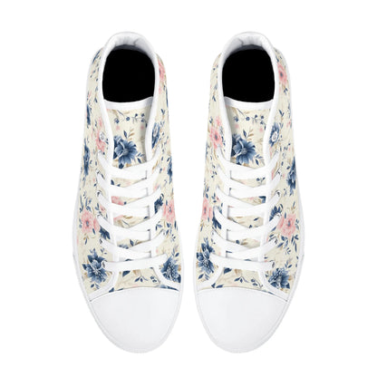 Blue Pink Floral Women High Top Shoes, Flowers Cream Lace Up Sneakers Footwear Canvas Streetwear Ladies Girls White Trainers Designer Gift