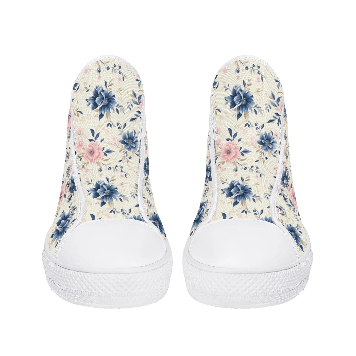 Blue Pink Floral Women High Top Shoes, Flowers Cream Lace Up Sneakers Footwear Canvas Streetwear Ladies Girls White Trainers Designer Gift