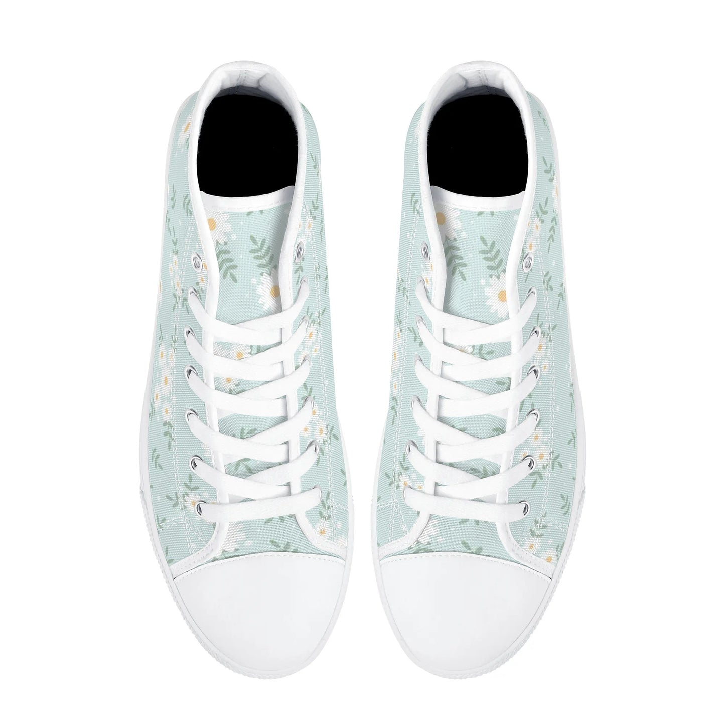Daisy Women High Top Shoes, Blue Floral Lace Up Sneakers Footwear Canvas Streetwear Ladies Girls White Trainers Designer Gift