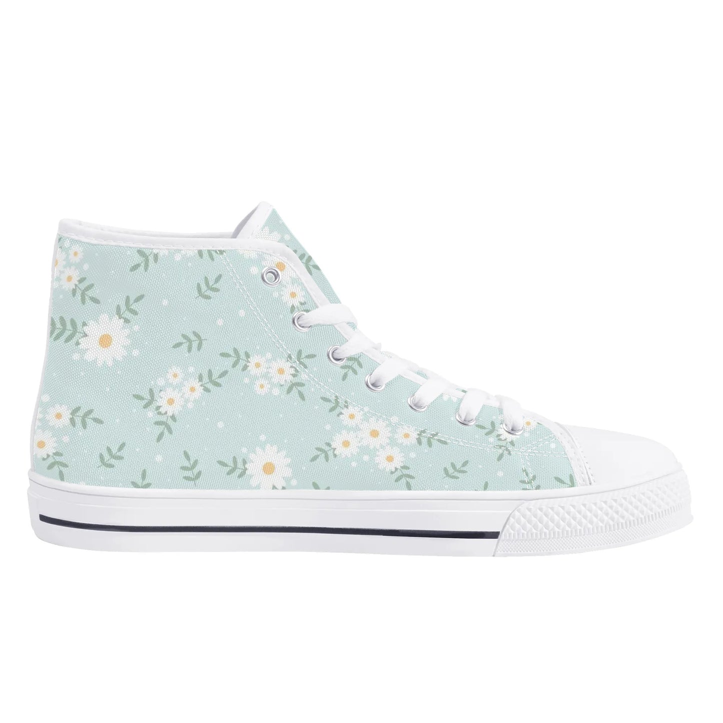 Daisy Women High Top Shoes, Blue Floral Lace Up Sneakers Footwear Canvas Streetwear Ladies Girls White Trainers Designer Gift