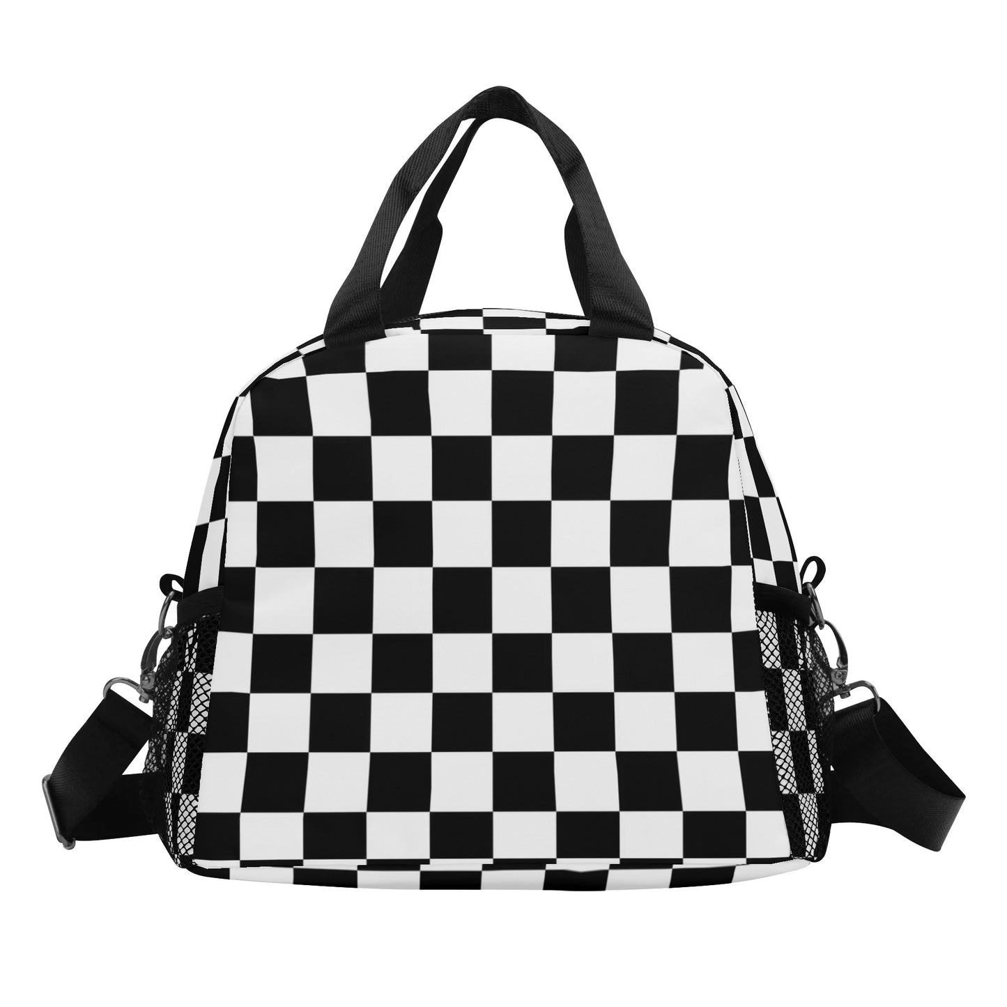 Checkered Lunch Box Bag, Black White Check Cute Food Container Adult Kids Women Ladies Teens Male Men School Work Handbag