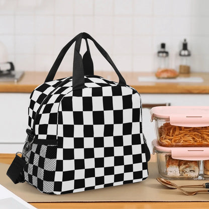 Checkered Lunch Box Bag, Black White Check Cute Food Container Adult Kids Women Ladies Teens Male Men School Work Handbag